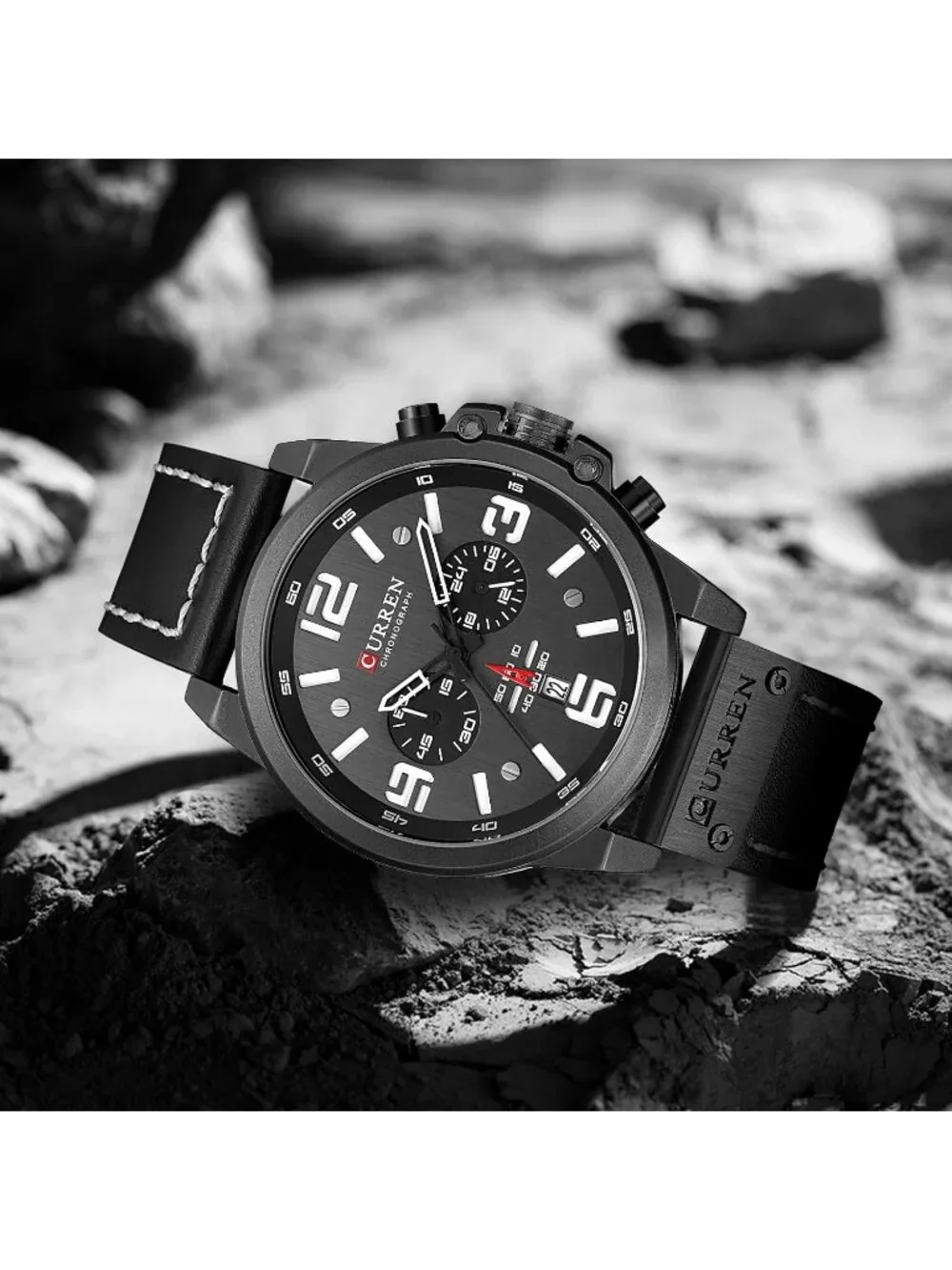 Men's Black Analog Quartz Leather Strap Sandwich Dial Chronograph Wrist Watch